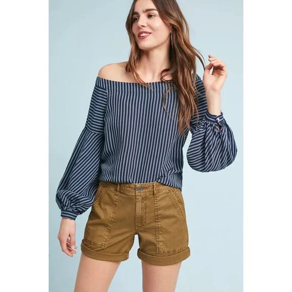 Anthropologie Maeve Clotille Navy & White Striped Off-the-Shoulder LS Top Sz 4 - Picture 2 of 10